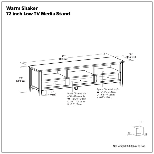 English Elm Warm Shaker 72 inch Low TV Media Stand Brown Solid Wood 72" Wide for TVs up to 80", Drawers, Cord Management B136P203488