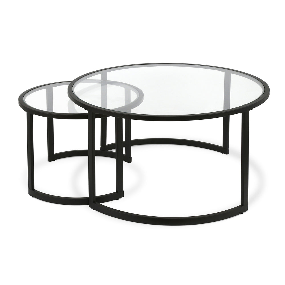 Homeroots Set Of Two 36" Black Glass And Steel Round Nested Coffee Tables   520912
