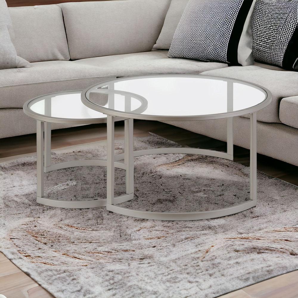 Homeroots Set Of Two 36" Nickel Glass And Steel Round Nested Coffee Tables   520913