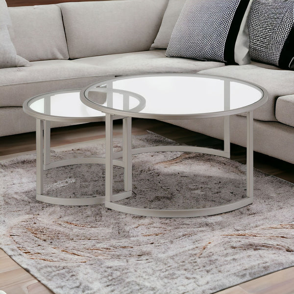 Homeroots Set Of Two 36" Nickel Glass And Steel Round Nested Coffee Tables   520913