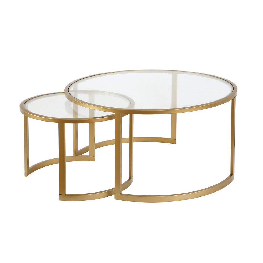 Homeroots Set Of Two 36" Gold Glass And Steel Round Nested Coffee Tables   520914