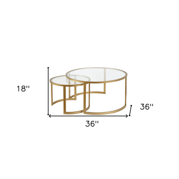 Homeroots Set Of Two 36" Gold Glass And Steel Round Nested Coffee Tables   520914