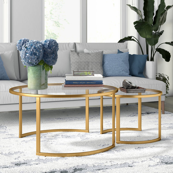 Homeroots Set Of Two 36" Gold Glass And Steel Round Nested Coffee Tables   520914