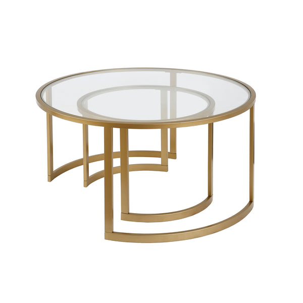 Homeroots Set Of Two 36" Gold Glass And Steel Round Nested Coffee Tables   520914