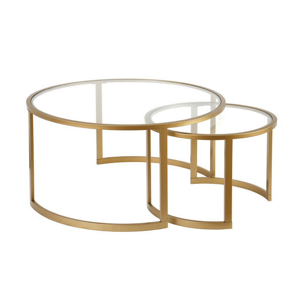 Homeroots Set Of Two 36" Gold Glass And Steel Round Nested Coffee Tables   520914