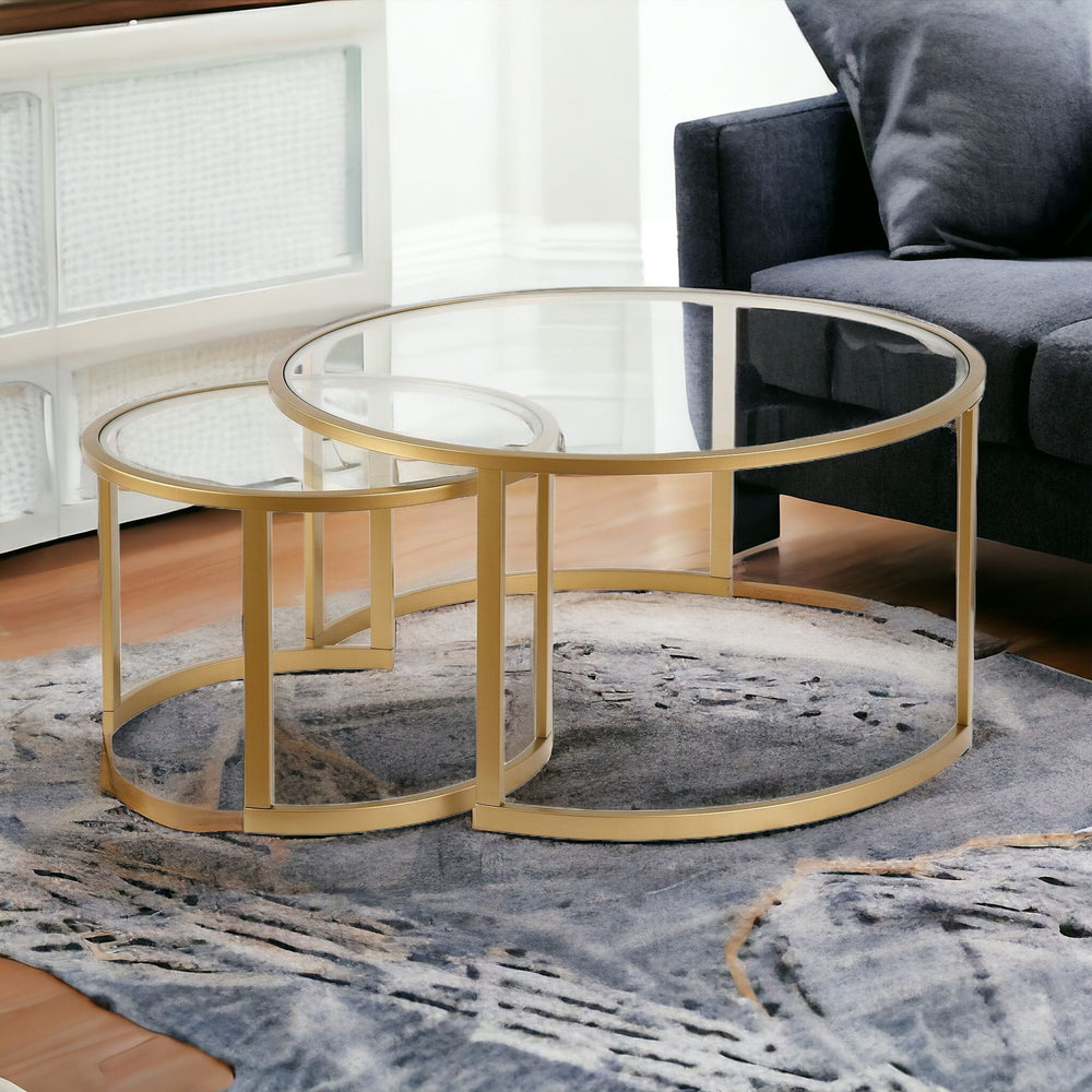 Homeroots Set Of Two 36" Gold Glass And Steel Round Nested Coffee Tables   520914