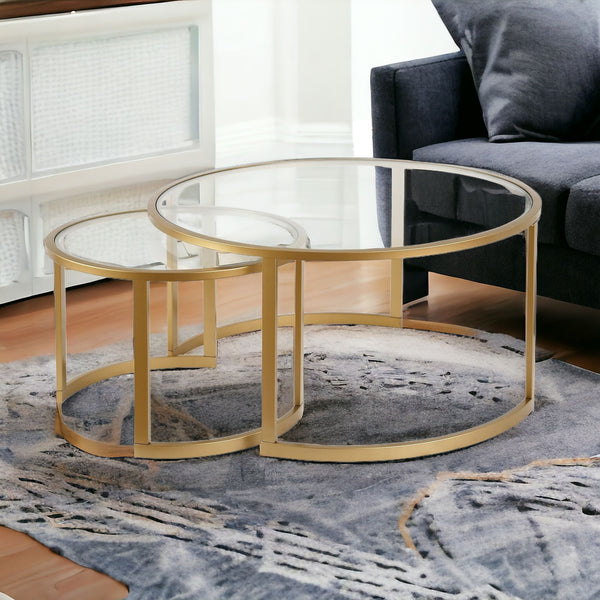 Homeroots Set Of Two 36" Gold Glass And Steel Round Nested Coffee Tables   520914