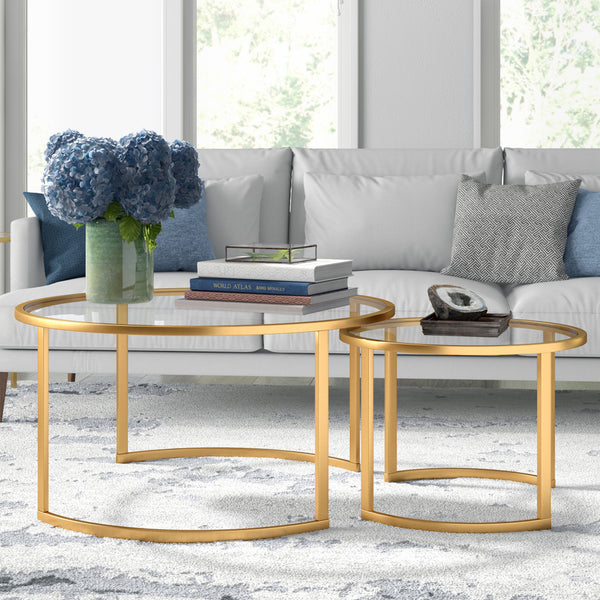 Homeroots Set Of Two 36" Gold Glass And Steel Round Nested Coffee Tables   520914