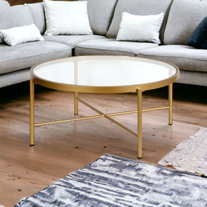 Homeroots 36" Gold Glass And Steel Round Coffee Table   520916