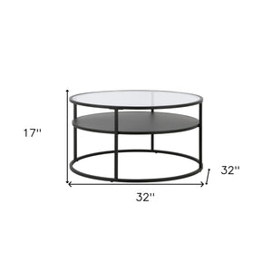 Homeroots 32" Black Glass And Steel Round Coffee Table With Shelf   520917