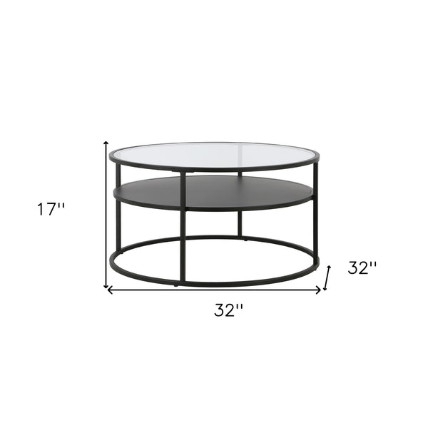 Homeroots 32" Black Glass And Steel Round Coffee Table With Shelf   520917