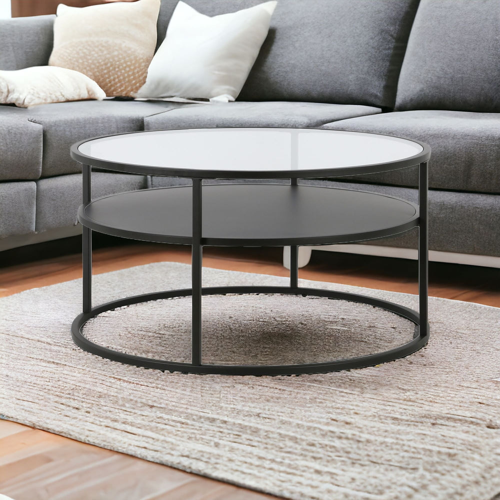 Homeroots 32" Black Glass And Steel Round Coffee Table With Shelf   520917