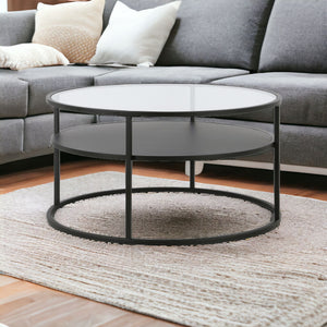 Homeroots 32" Black Glass And Steel Round Coffee Table With Shelf   520917