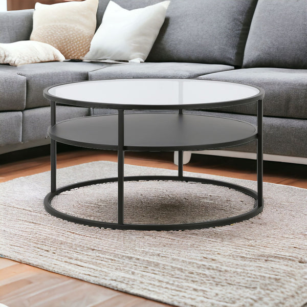 Homeroots 32" Black Glass And Steel Round Coffee Table With Shelf   520917