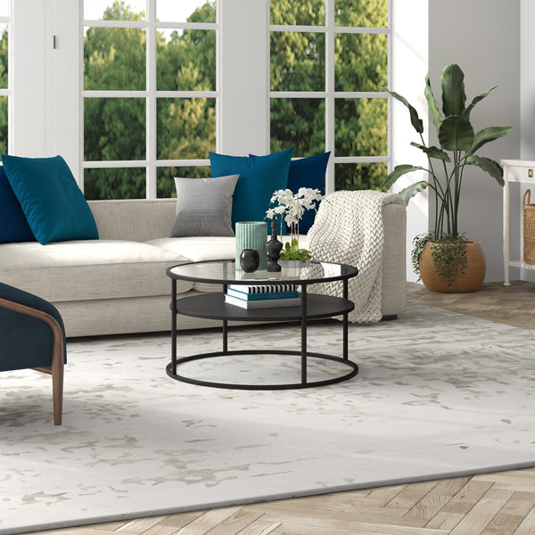 Homeroots 32" Black Glass And Steel Round Coffee Table With Shelf   520917