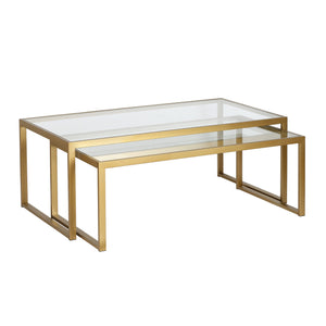 Homeroots Set Of Two 46" Gold Glass And Steel Nested Coffee Tables   520920