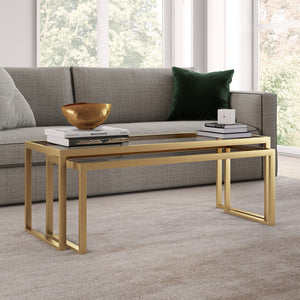 Homeroots Set Of Two 46" Gold Glass And Steel Nested Coffee Tables   520920