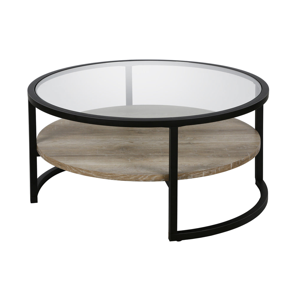 Homeroots 34" Black Glass And Steel Round Coffee Table With Shelf   520925