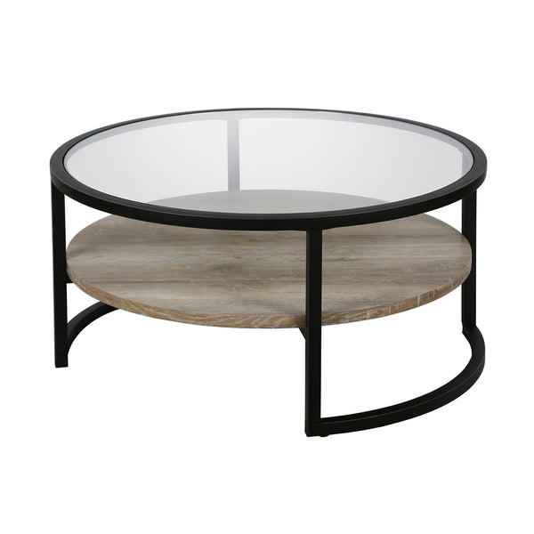 Homeroots 34" Black Glass And Steel Round Coffee Table With Shelf   520925