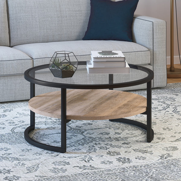 Homeroots 34" Black Glass And Steel Round Coffee Table With Shelf   520925