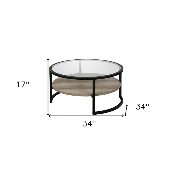 Homeroots 34" Black Glass And Steel Round Coffee Table With Shelf   520925