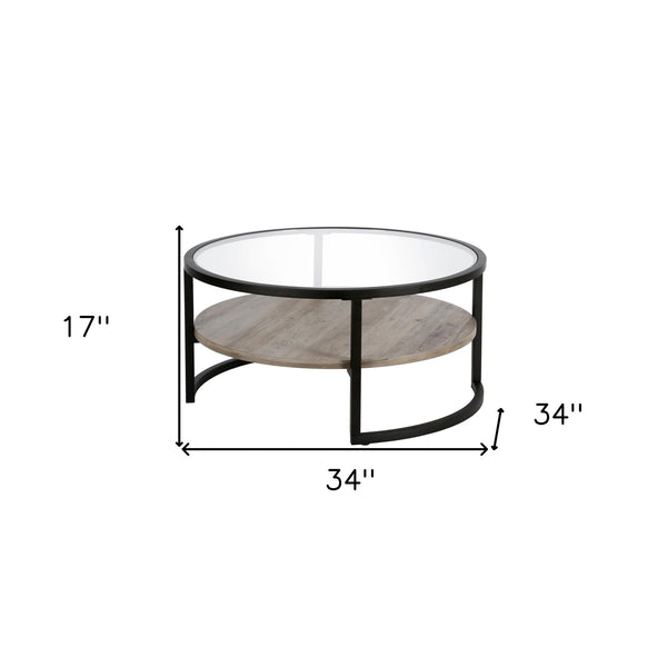 Homeroots 34" Black Glass And Steel Round Coffee Table With Shelf   520926