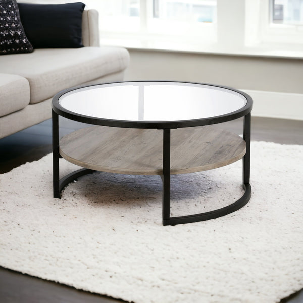 Homeroots 34" Black Glass And Steel Round Coffee Table With Shelf   520926