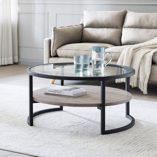 Homeroots 34" Black Glass And Steel Round Coffee Table With Shelf   520926