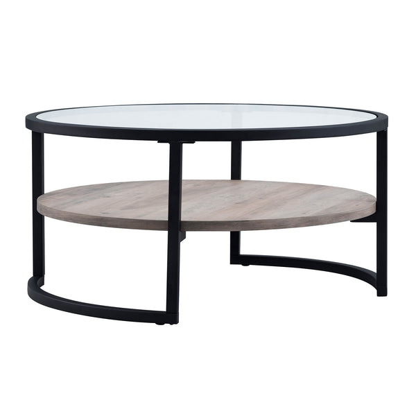 Homeroots 34" Black Glass And Steel Round Coffee Table With Shelf   520926