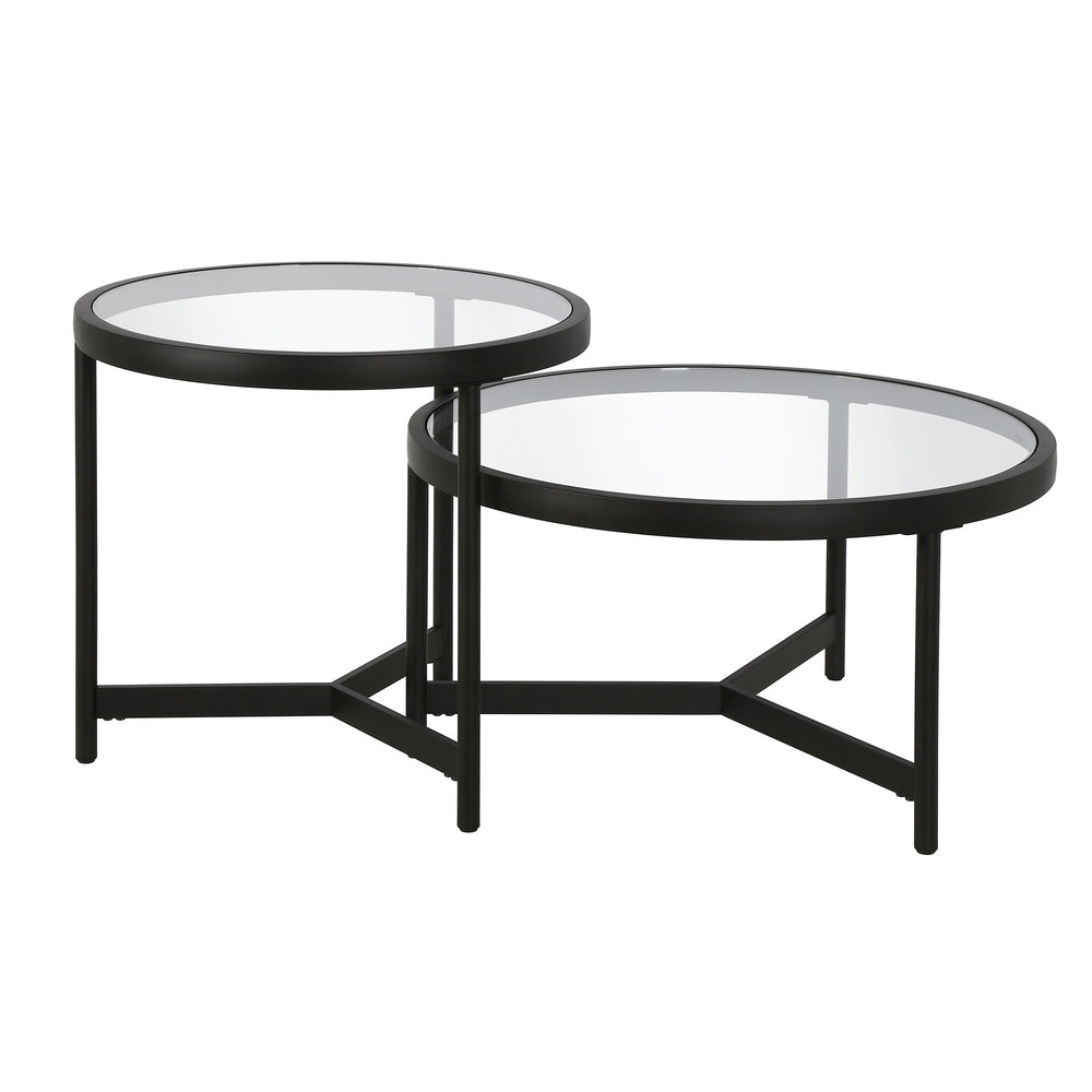 Homeroots Set Of Two 30" Black Glass And Steel Round Nested Coffee Tables   520927