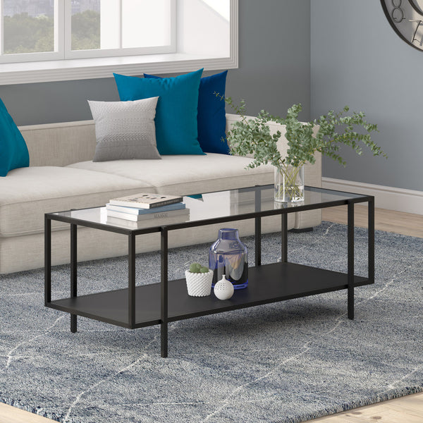 Homeroots 45" Clear And Black Glass And Steel Coffee Table With Shelf   520933