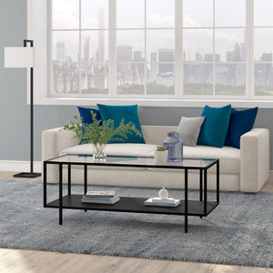 Homeroots 45" Clear And Black Glass And Steel Coffee Table With Shelf   520933