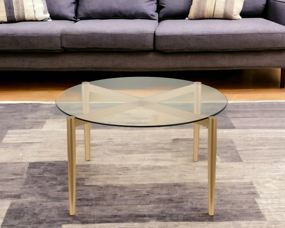 Homeroots 36" Clear And Gold Glass And Steel Round Coffee Table   520934