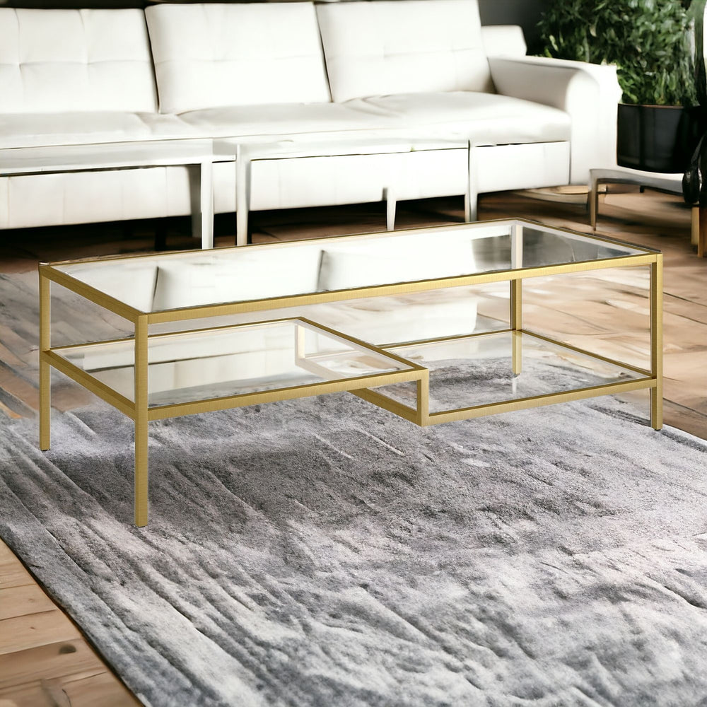 Homeroots 54" Gold Glass And Steel Coffee Table With Two Shelves   520935