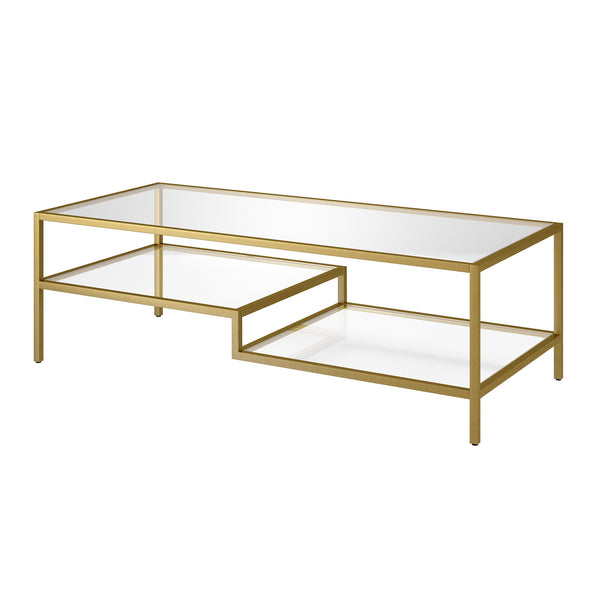 Homeroots 54" Gold Glass And Steel Coffee Table With Two Shelves   520935