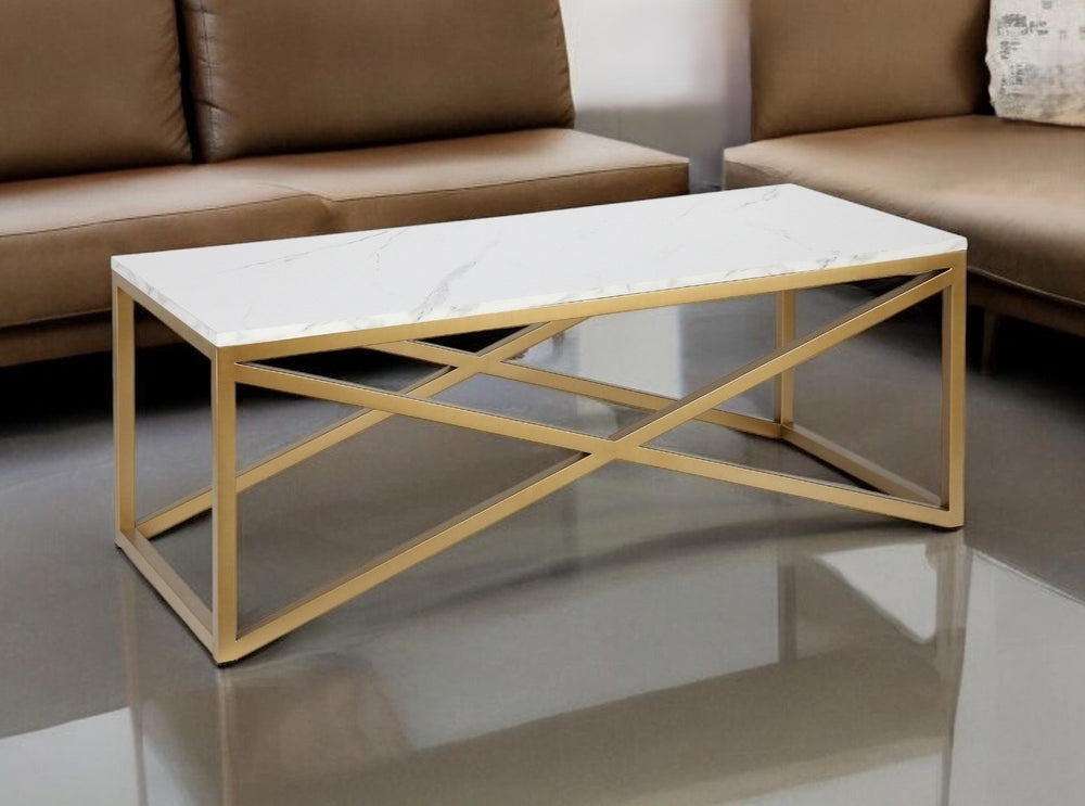 Homeroots 46" Gold Faux Marble And Steel Coffee Table   520938