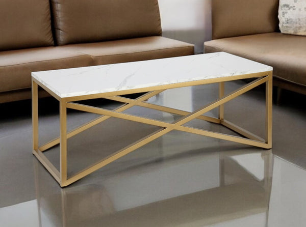 Homeroots 46" Gold Faux Marble And Steel Coffee Table   520938