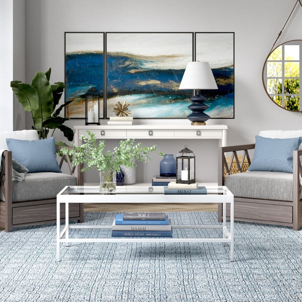 Homeroots 45" Clear Glass And White Steel Coffee Table With Shelf   520939