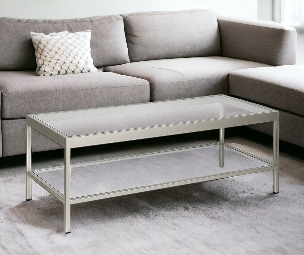 Homeroots 45" Clear Glass And Silver Steel Coffee Table With Shelf   520940