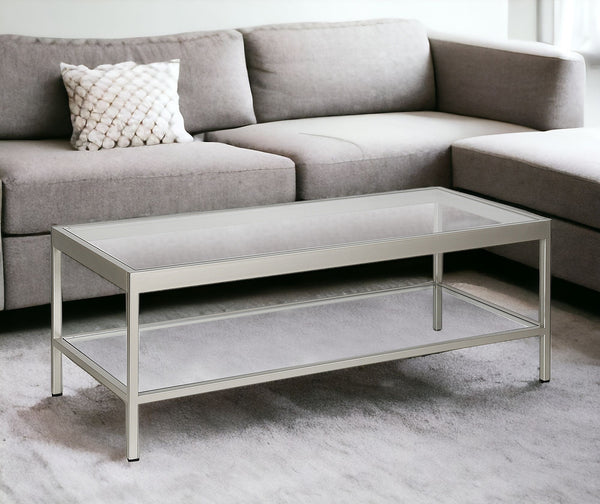 Homeroots 45" Clear Glass And Silver Steel Coffee Table With Shelf   520940