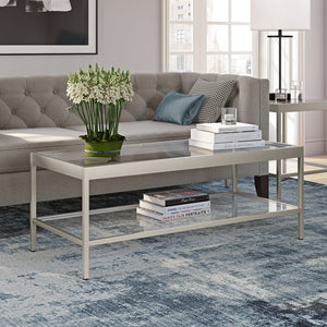 Homeroots 45" Clear Glass And Silver Steel Coffee Table With Shelf   520940