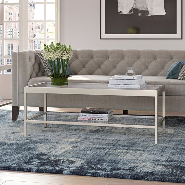 Homeroots 45" Clear Glass And Silver Steel Coffee Table With Shelf   520940