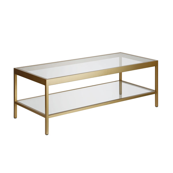 Homeroots 45" Clear Glass And Gold Steel Coffee Table With Shelf   520941