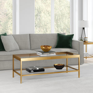 Homeroots 45" Clear Glass And Gold Steel Coffee Table With Shelf   520941