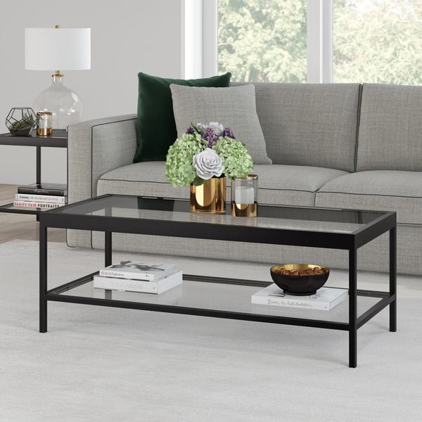 Homeroots 45" Clear And Black Glass And Steel Coffee Table With Shelf   520942