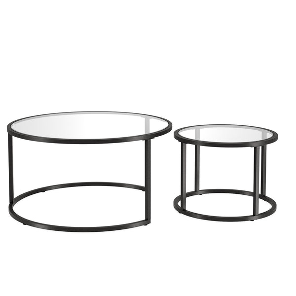 Homeroots Set Of Two 35" Black Glass And Steel Round Nested Coffee Tables   520943
