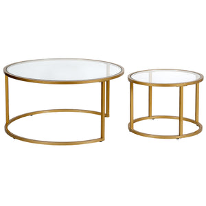 Homeroots Set Of Two 35" Gold Glass And Steel Round Nested Coffee Tables   520944