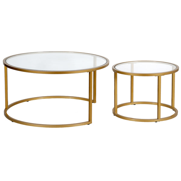 Homeroots Set Of Two 35" Gold Glass And Steel Round Nested Coffee Tables   520944