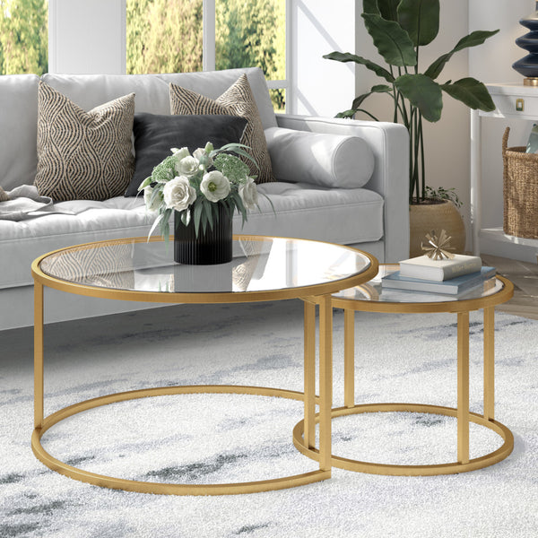 Homeroots Set Of Two 35" Gold Glass And Steel Round Nested Coffee Tables   520944