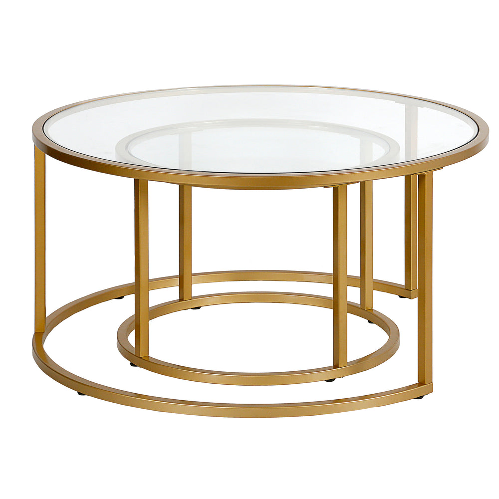 Homeroots Set Of Two 35" Gold Glass And Steel Round Nested Coffee Tables   520944